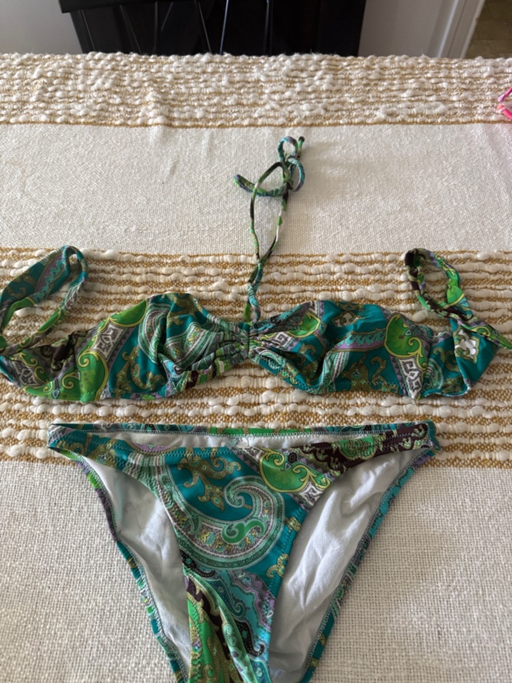 Green Paisley Two-Piece Bikini Set with Teal Accents